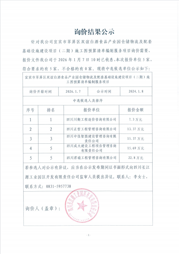 詢價(jià)結(jié)果公示